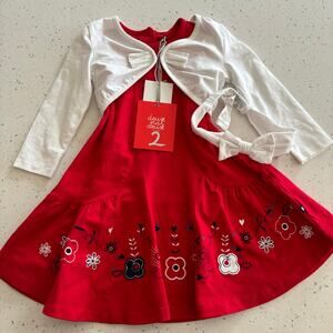 Deux par Deux red dress and white shrug set with a matching headband Size 2T NWT